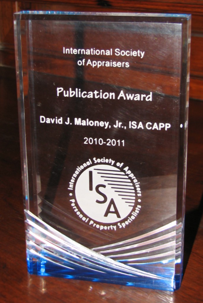 International Society of Appraiser's Publication Award presented to Dave Maloney, author of "Appraising Personal Property: Principles & Methodology"